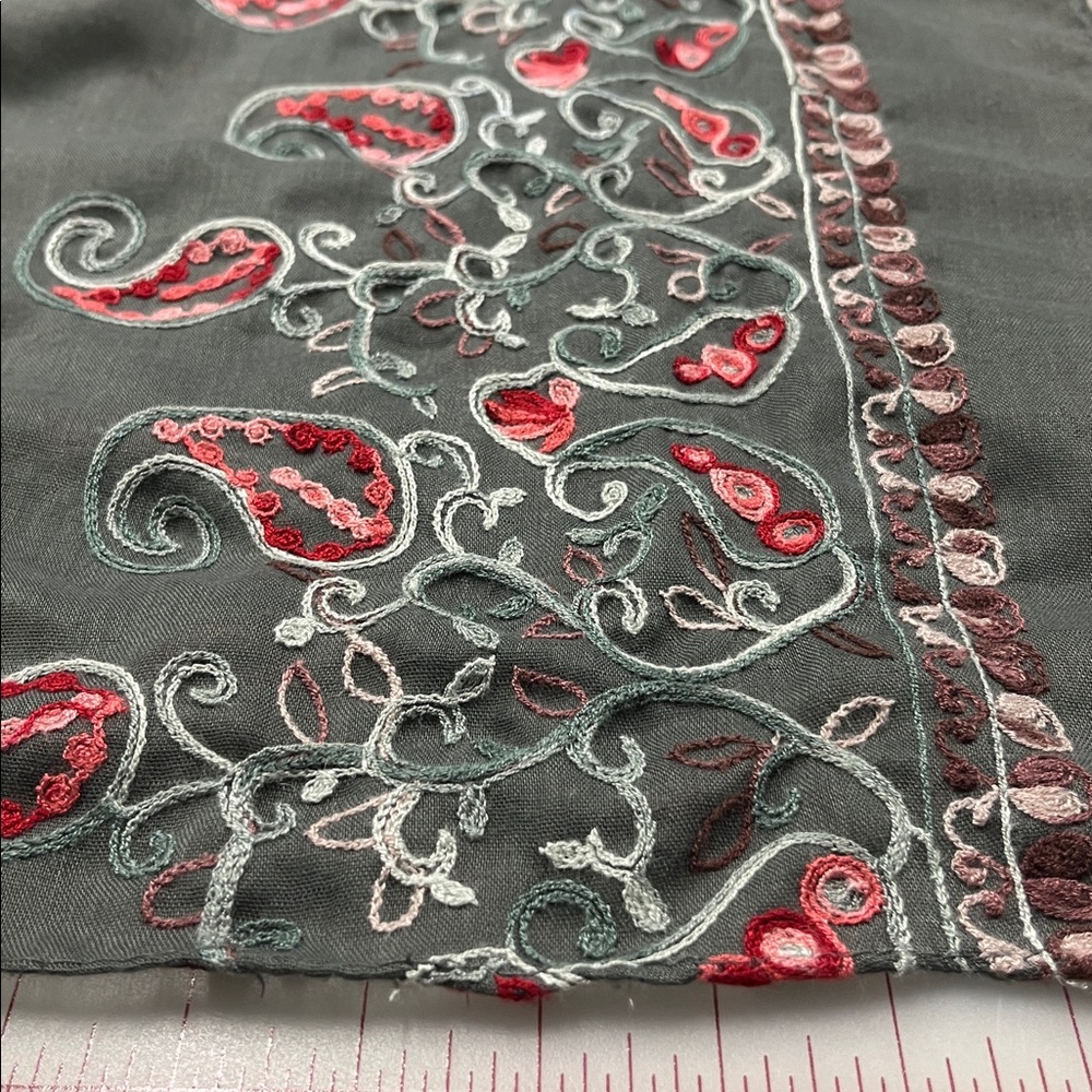 BOHO Granola Girl Paisley/Foliage Border Embroidered 28' x 74" Grey Sage Scarf - Picture 6 of 15